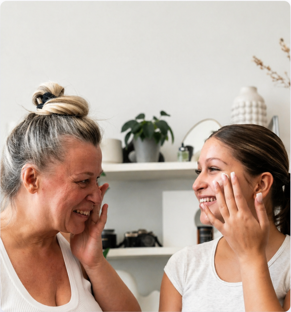 Mother and daughter using Amrutini Radiance skincare