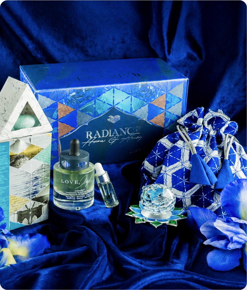 Amrutini Radiance set on a sapphire silk drape